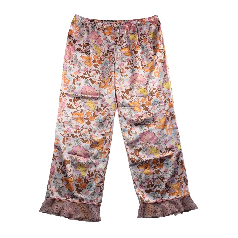 Victorias Secret Satin Pajama Pants XL Pink Floral Ruffle Hem 397089-KB9